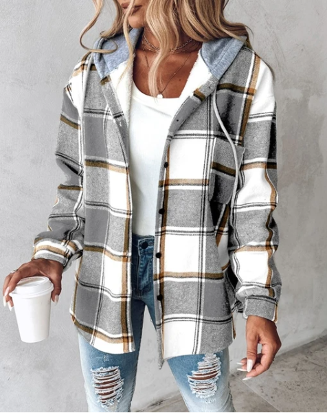 Women's Hooded Plaid Flannel Shacket – Relaxed Oversized Fit for Autumn and Winter 6