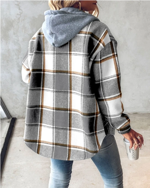 Women's Hooded Plaid Flannel Shacket – Relaxed Oversized Fit for Autumn and Winter 7
