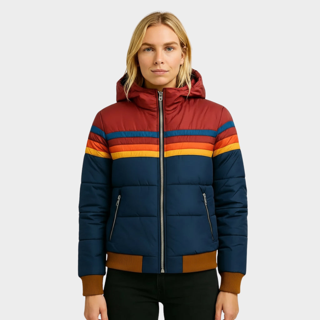 Women's Hooded Puffer Jacket – Retro Striped Design for Winter Casual Wear 0