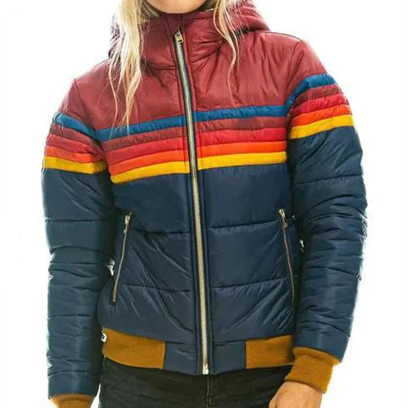Women's Hooded Puffer Jacket – Retro Striped Design for Winter Casual Wear 1