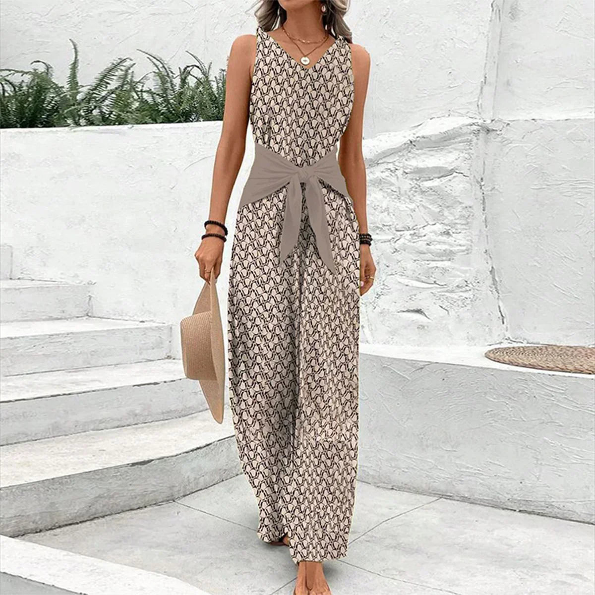 Women's Jumpsuit with Tie Waist – Sleeveless Wide Leg V-Neck for Summer Casual Wear 0