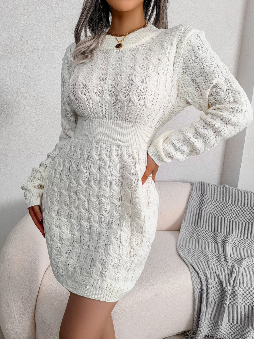 Women's Knit Mini Dress with Long Sleeves – Textured Cable Pattern for Casual Occasions 2