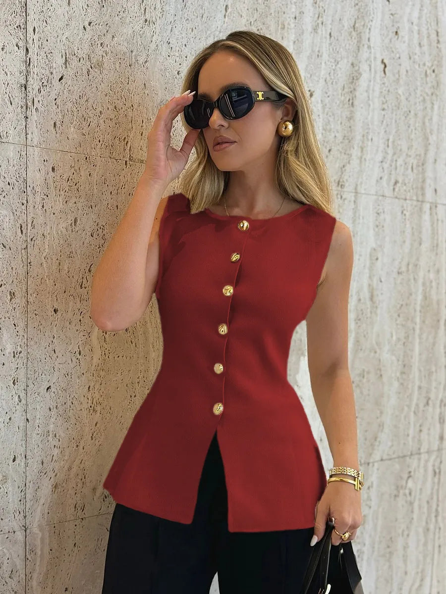 Women's Knitted Vest with Button Front – Waist-Defining Fit and Split Hem for Versatile Styling 2