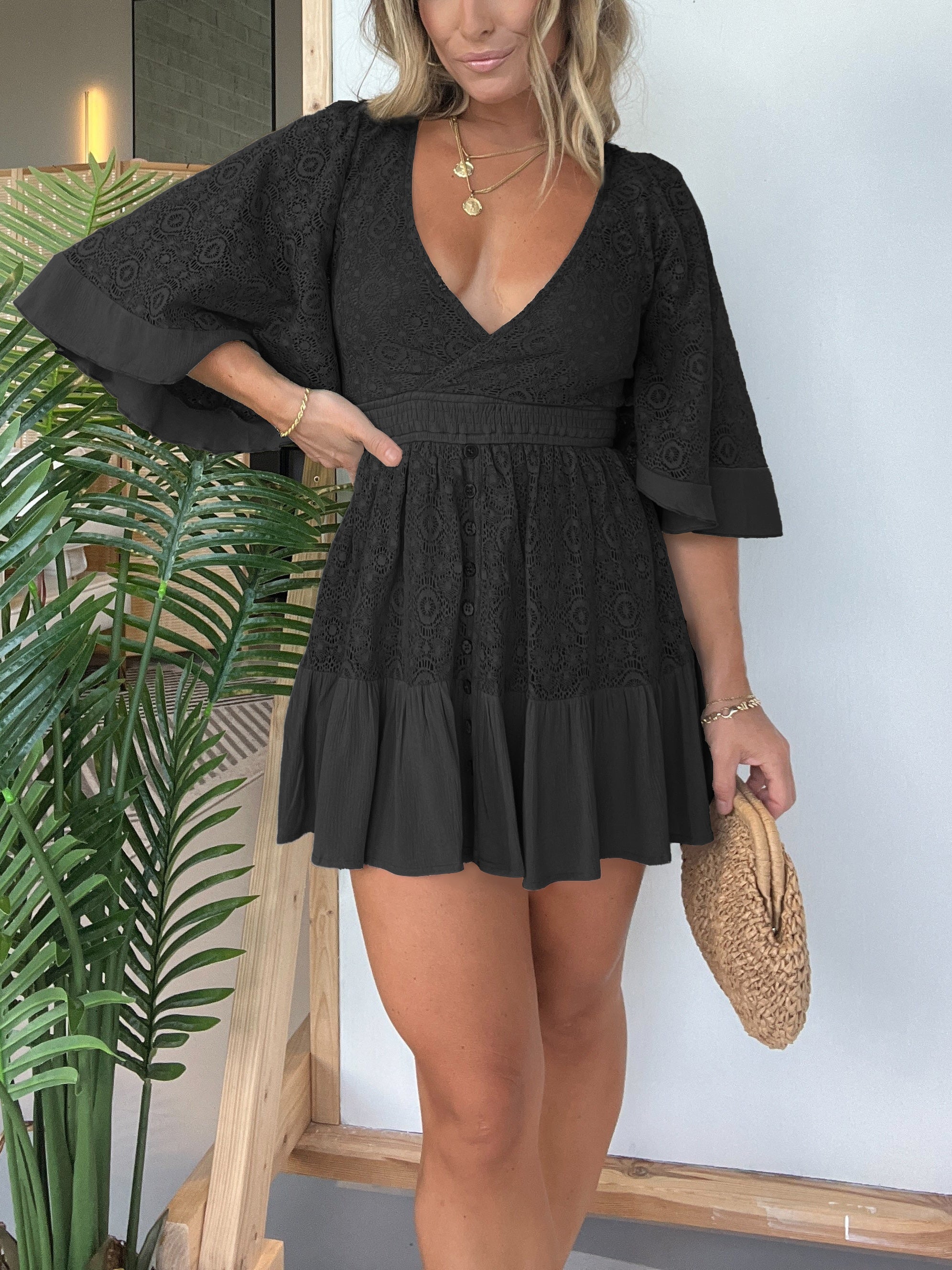 Women's Lace Mini Dress for Summer – V-Neck, Built-In Shorts, Flared Sleeves 0