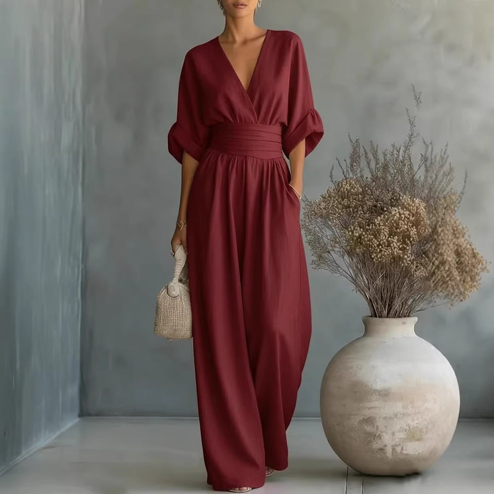 Women's Linen Jumpsuit with Cinched Waist – Wide-Leg, Deep V-Neck for Summer Casual Wear 5