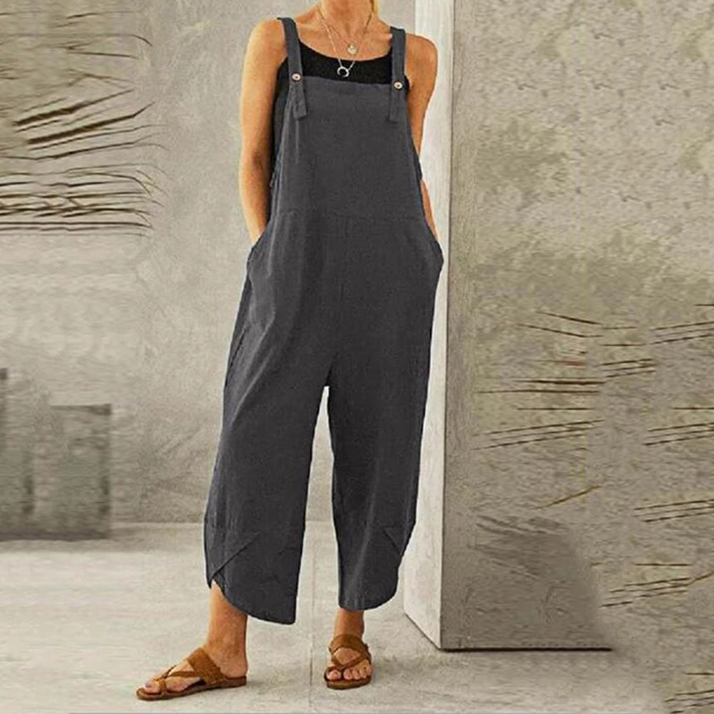 Women's Linen Wide Leg Jumpsuit – Adjustable Straps and Pockets for Summer Comfort 2
