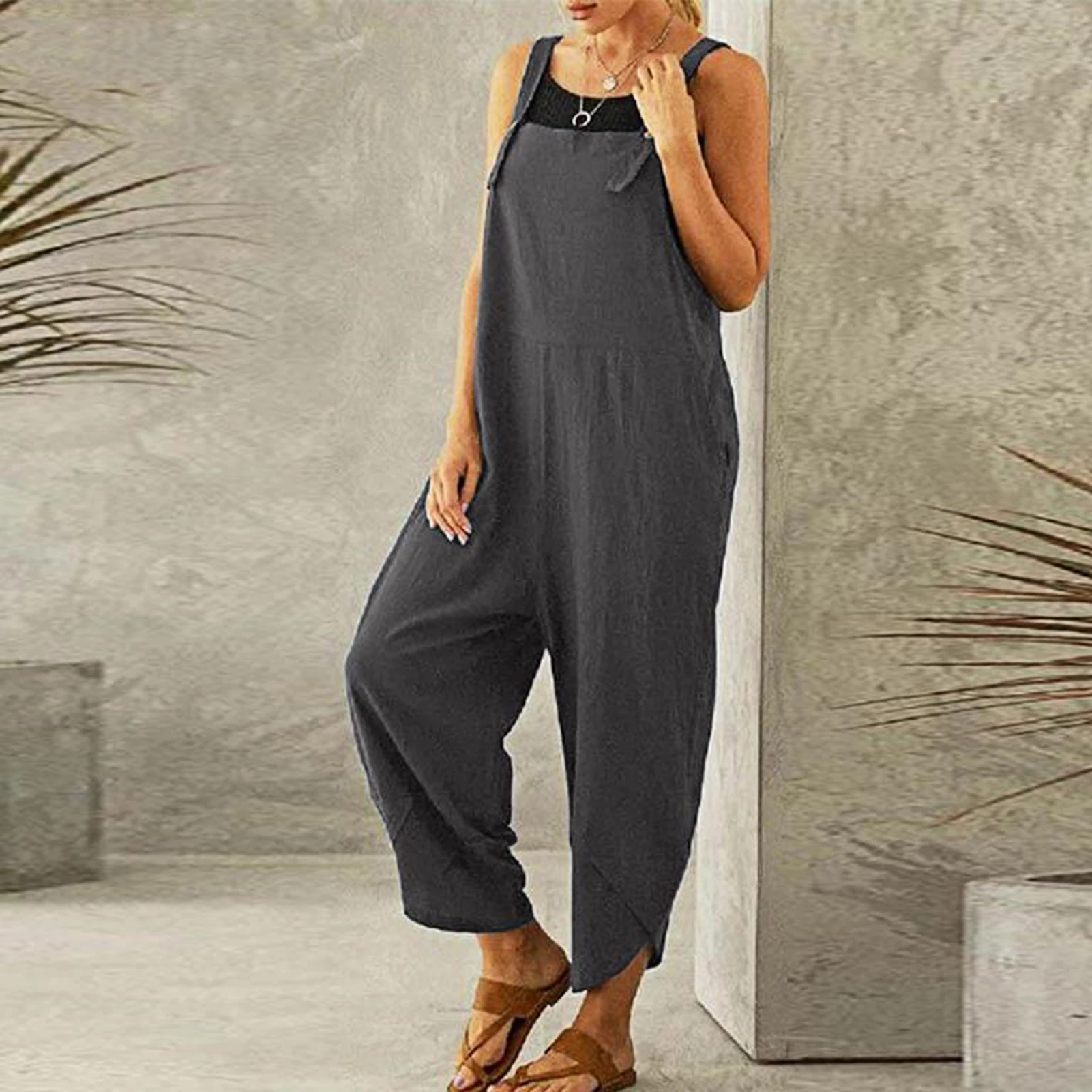 Women's Linen Wide Leg Jumpsuit – Adjustable Straps and Pockets for Summer Comfort 3
