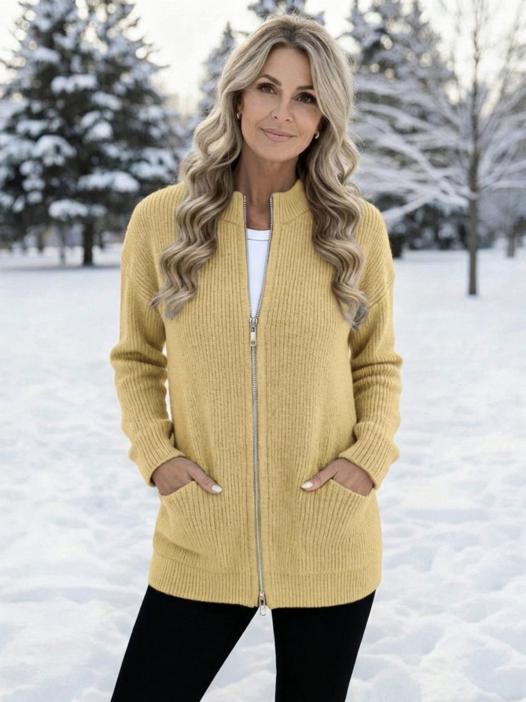 Women's Long Knit Jacket with Zip Front – Casual Layer for Cool Weather with Pockets 2