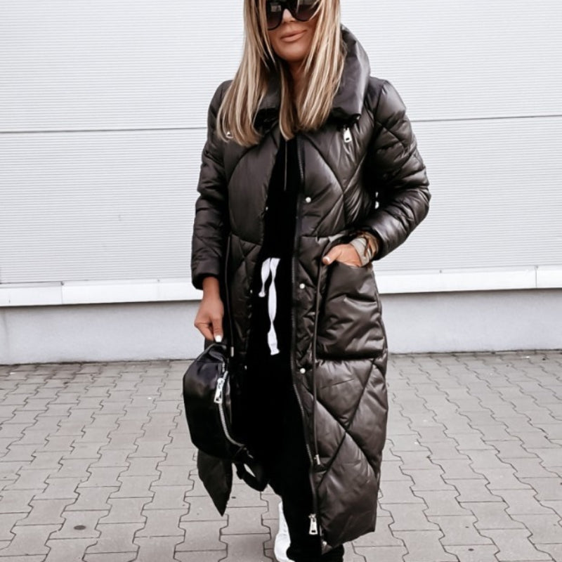 Women's Long Quilted Winter Coat with High Collar – Puffer Style, Below Knee Length 2