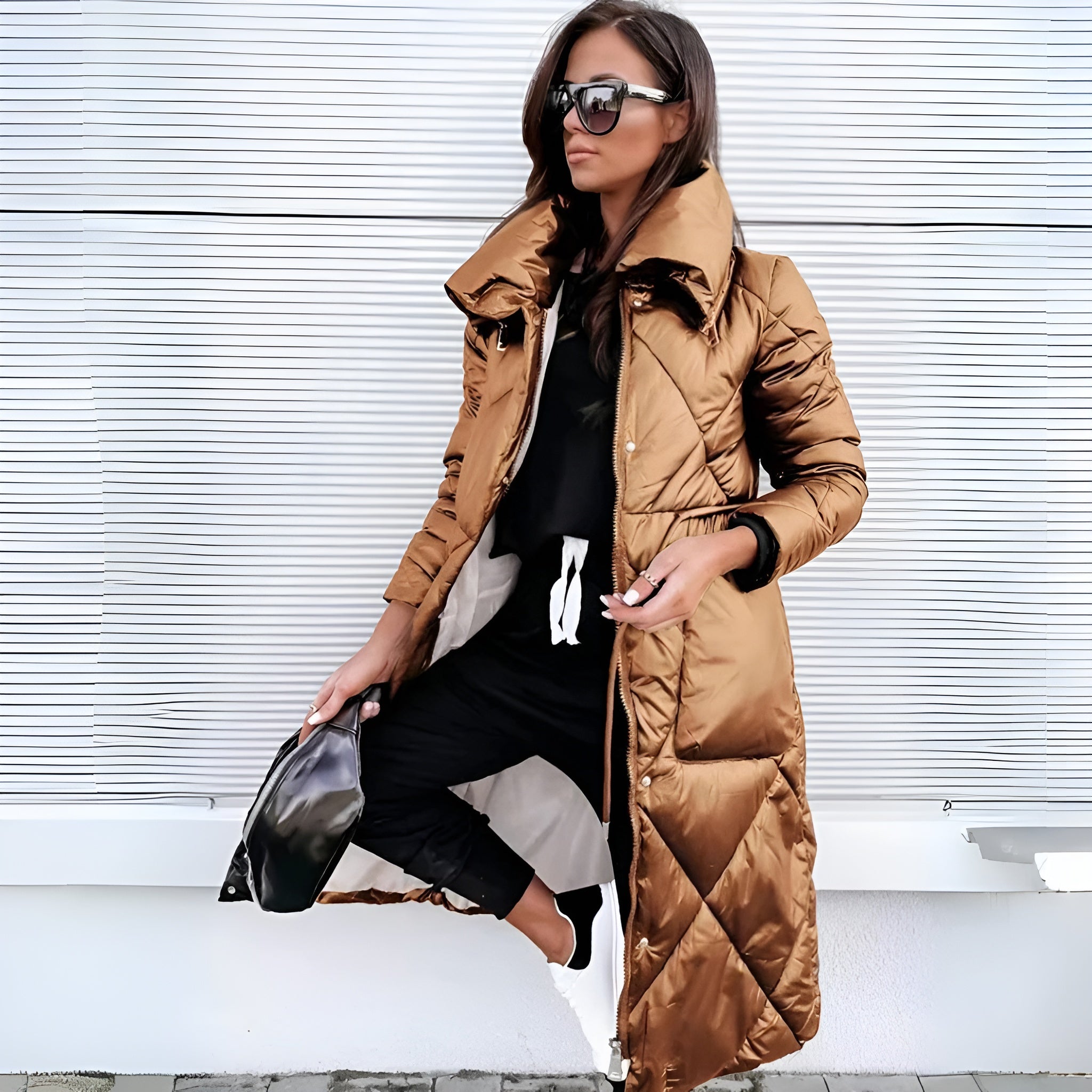 Women's Long Quilted Winter Coat with High Collar – Puffer Style, Below Knee Length 3