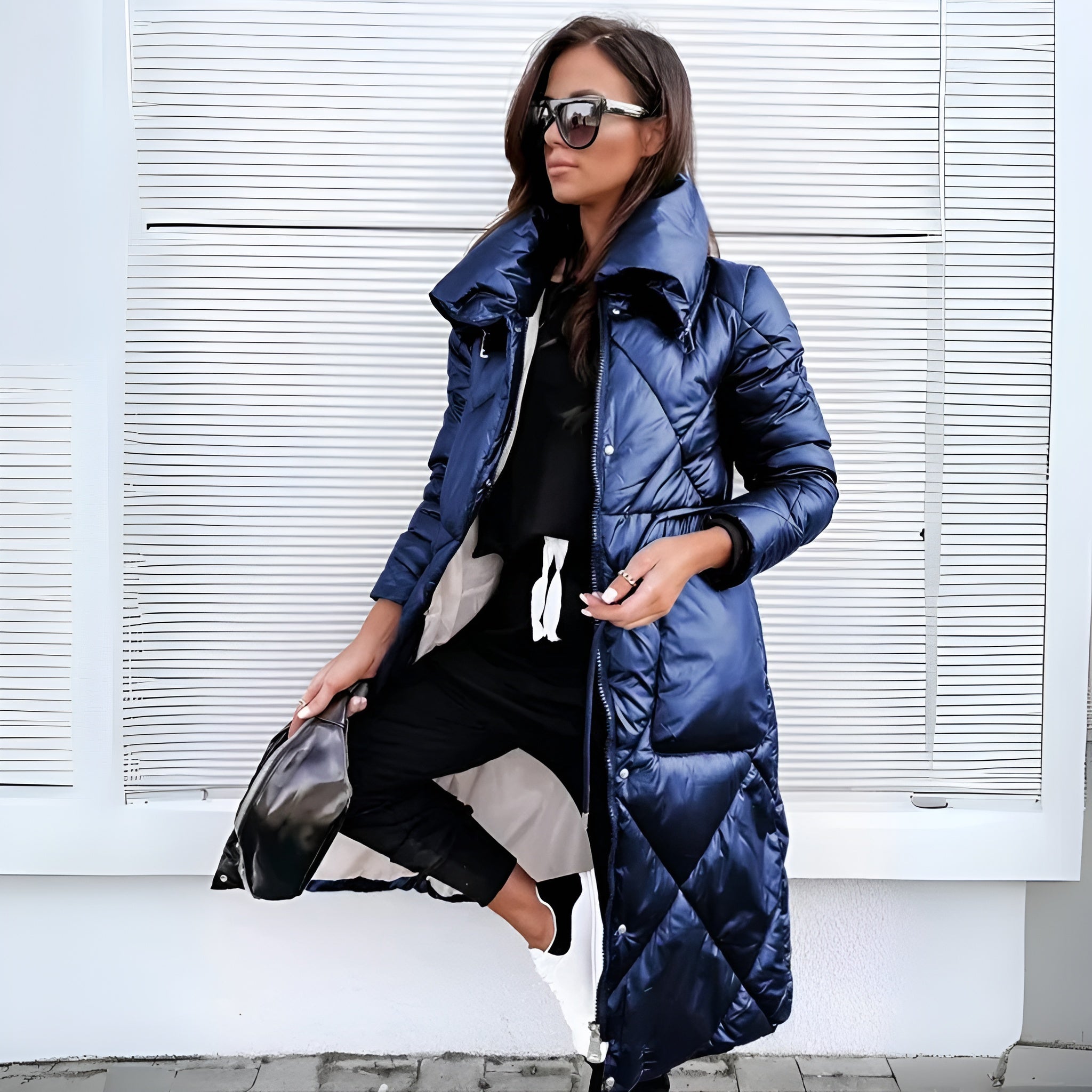 Women's Long Quilted Winter Coat with High Collar – Puffer Style, Below Knee Length 4
