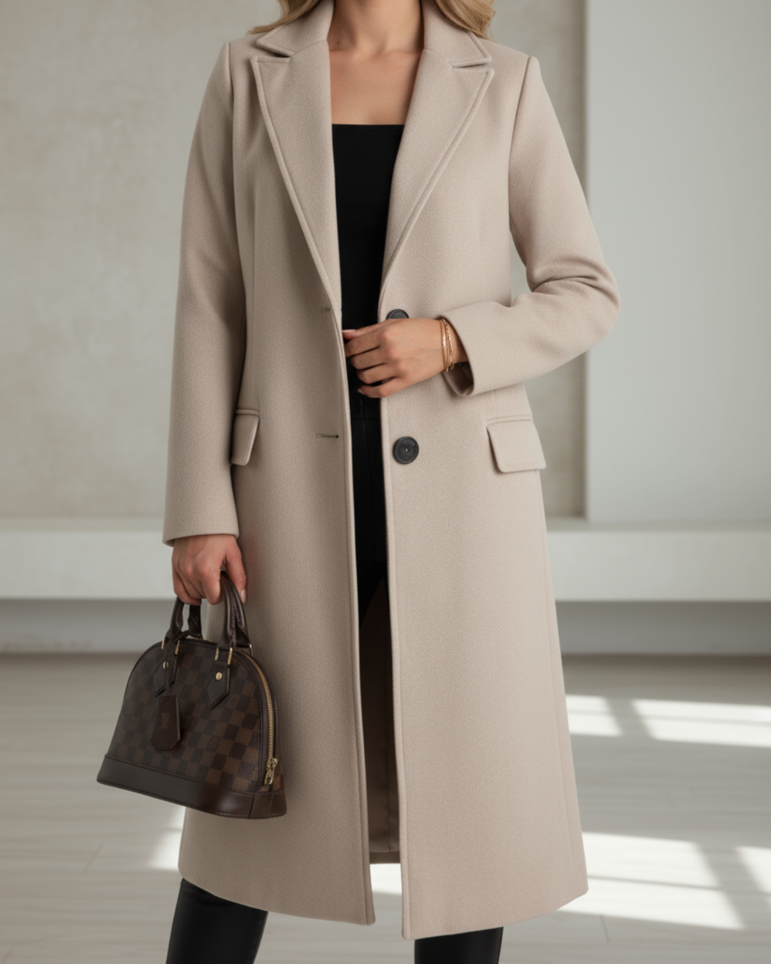Women's Long Trench Coat – Notched Lapel with Flap Pockets for Winter 1