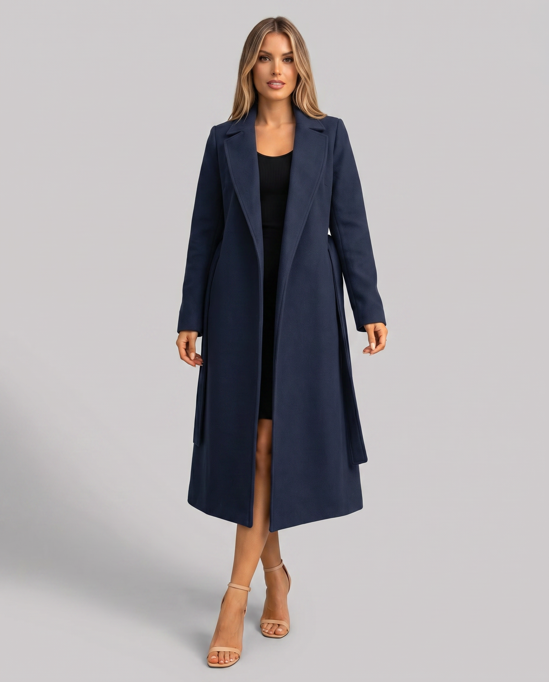 Women's Long Trench Coat with Notched Lapel – Elegant Wrap Design with Tie Belt 1