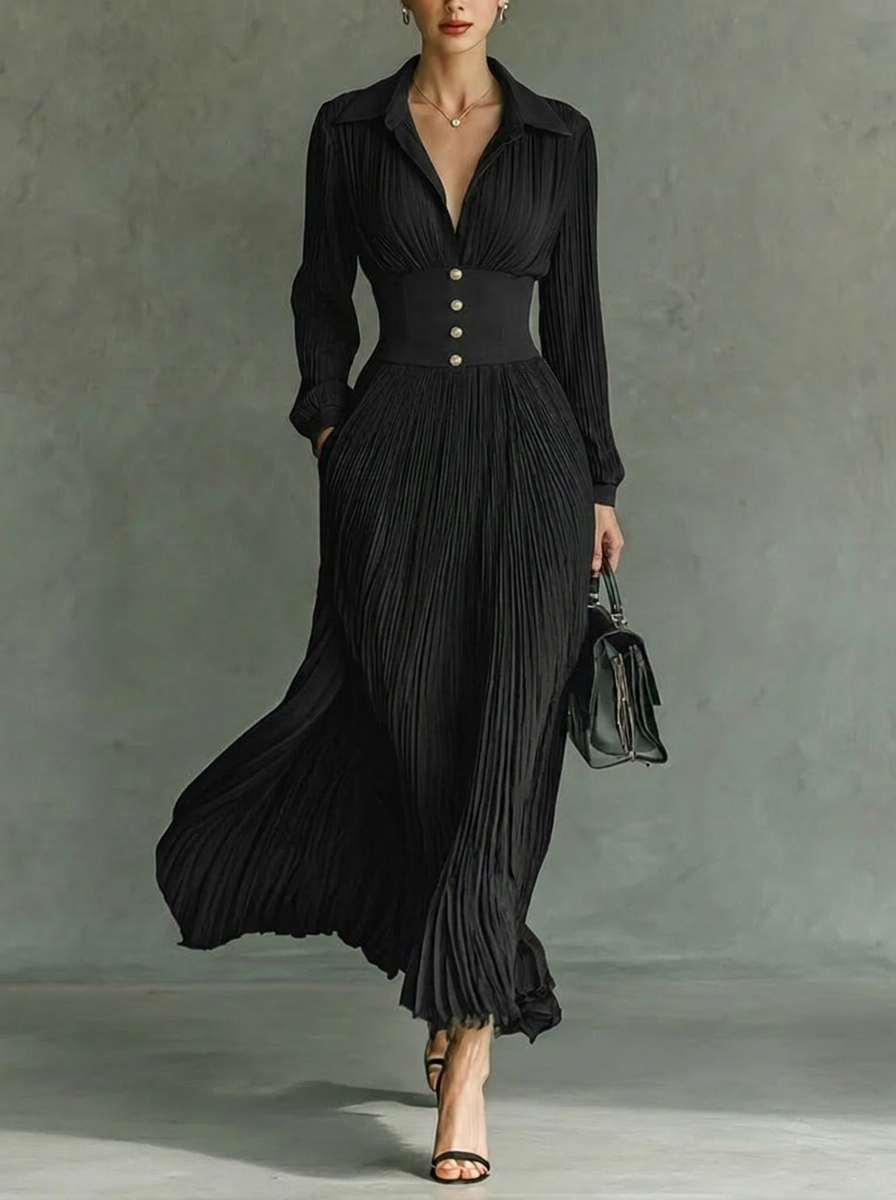 Women's Maxi Dress – Vintage Pleated Skirt with Collar for Formal and Summer Occasions 0