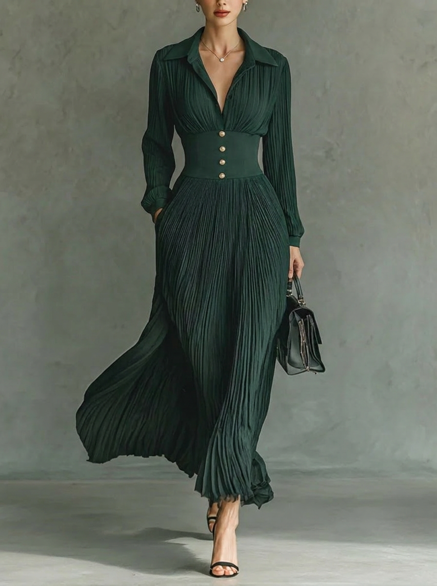 Women's Maxi Dress – Vintage Pleated Skirt with Collar for Formal and Summer Occasions 4