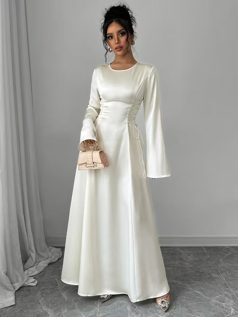 Women's Maxi Dress for Formal Events – Bell Sleeves and Lace-Up Side Design 0
