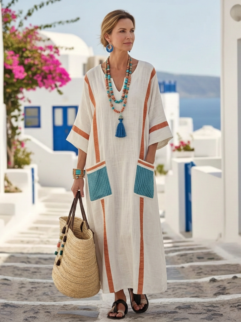 Women's Maxi Dress with V Neck and 3/4 Sleeves – Comfortable Summer Style with Pockets 2