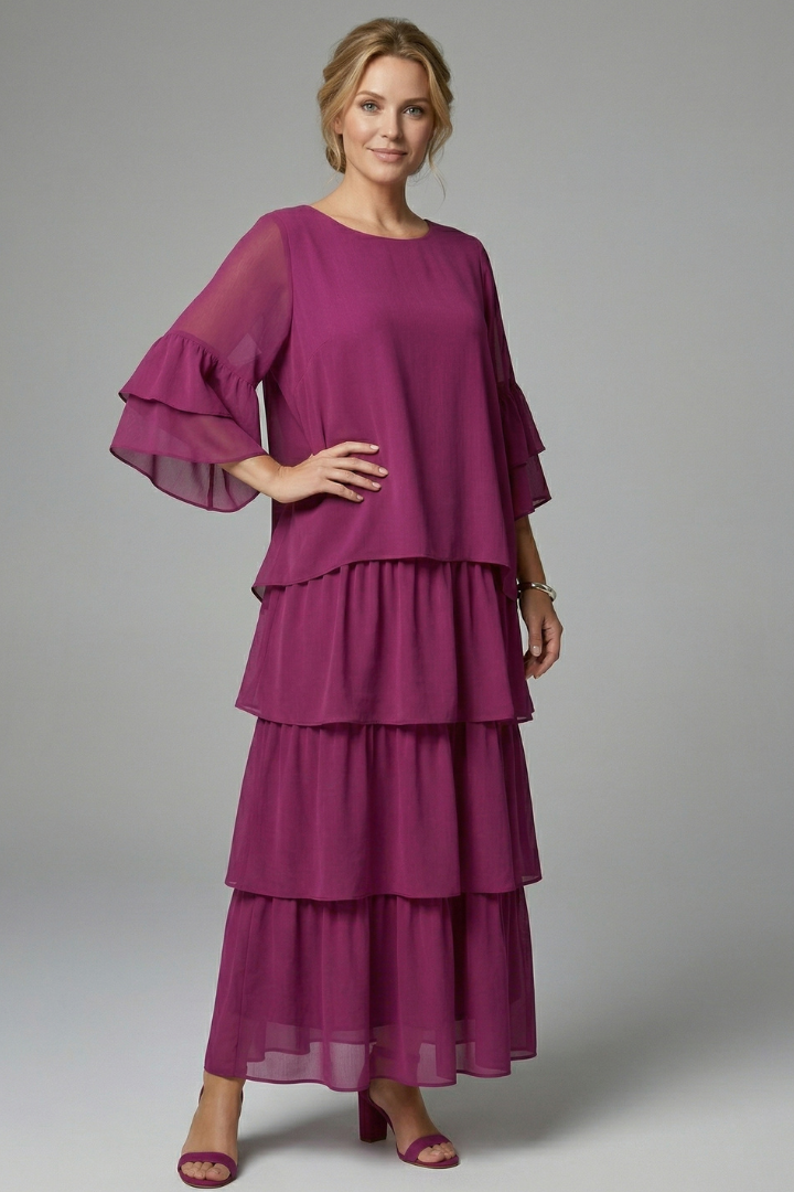 Women's Maxi Dress with Wide Sleeves – Tiered Chiffon for Summer and Formal Events 0