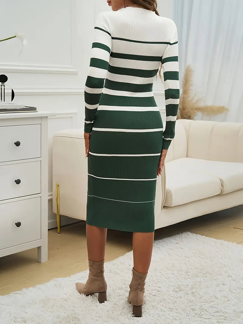 Women's Midi Dress – Fitted Striped Knit with Long Sleeves for Autumn and Winter 8