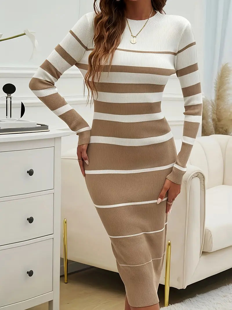 Women's Midi Dress – Fitted Striped Knit with Long Sleeves for Autumn and Winter 9