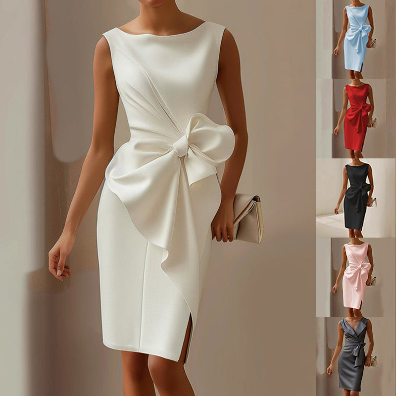 Women's Midi Sheath Cocktail Dress with Bow – Sleeveless, High Waist, Front Slit for Parties 1