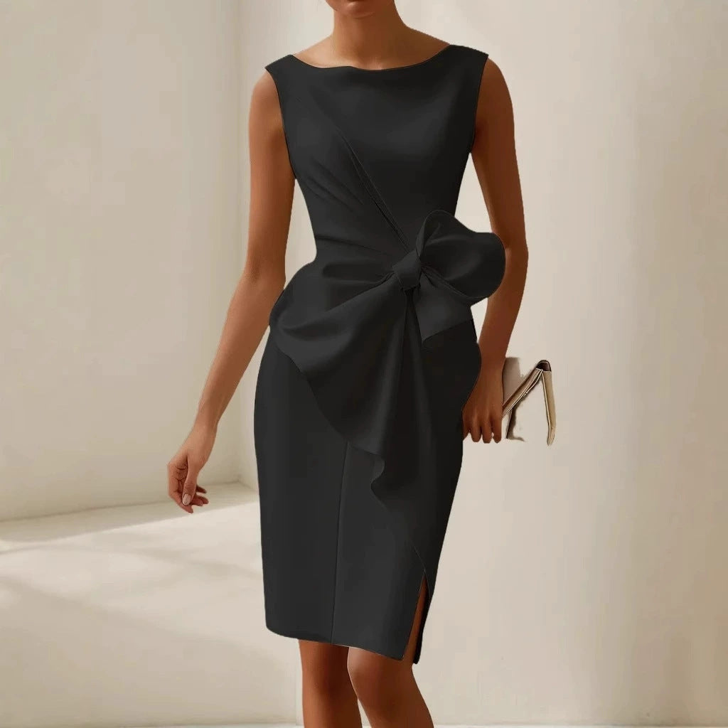 Women's Midi Sheath Cocktail Dress with Bow – Sleeveless, High Waist, Front Slit for Parties 8