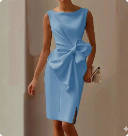 Women's Midi Sheath Cocktail Dress with Bow – Sleeveless, High Waist, Front Slit for Parties 9