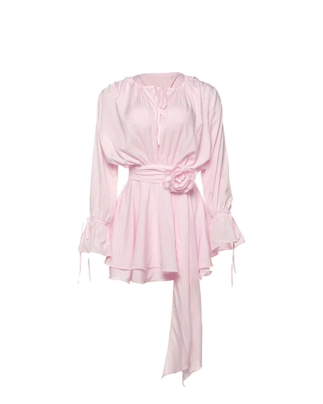 Women's Mini Dress with Balloon Sleeves – Sheer Layered Fabric and Rose Waist Tie for Summer 4