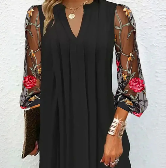 Women's Mini Dress with Floral Sheer Sleeves – Relaxed Fit V-Neck Cocktail Dress for Summer 3