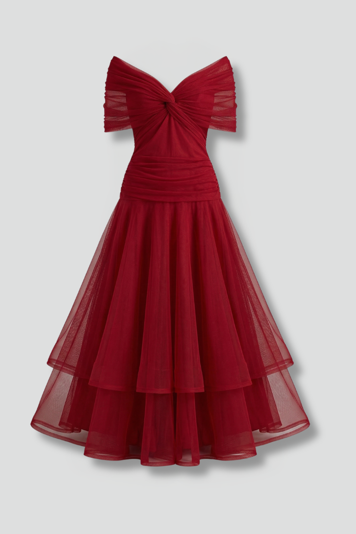 Women's Off-Shoulder Tulle Midi Dress – Formal Cocktail Dress with Ruched Waist for Events 1