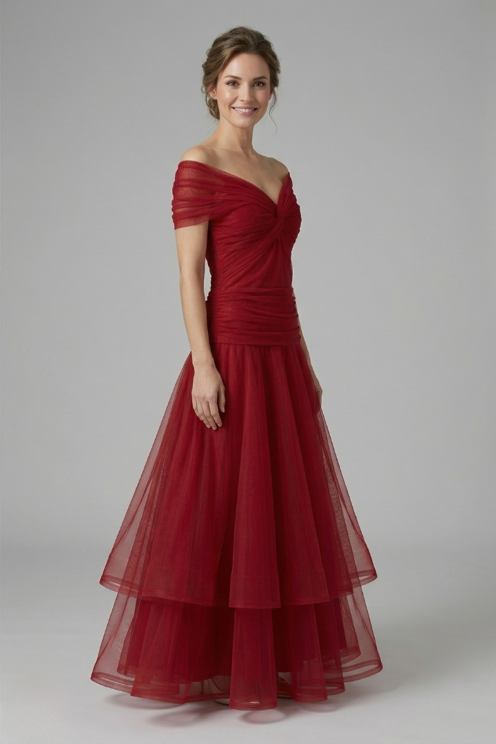 Women's Off-Shoulder Tulle Midi Dress – Formal Cocktail Dress with Ruched Waist for Events 3