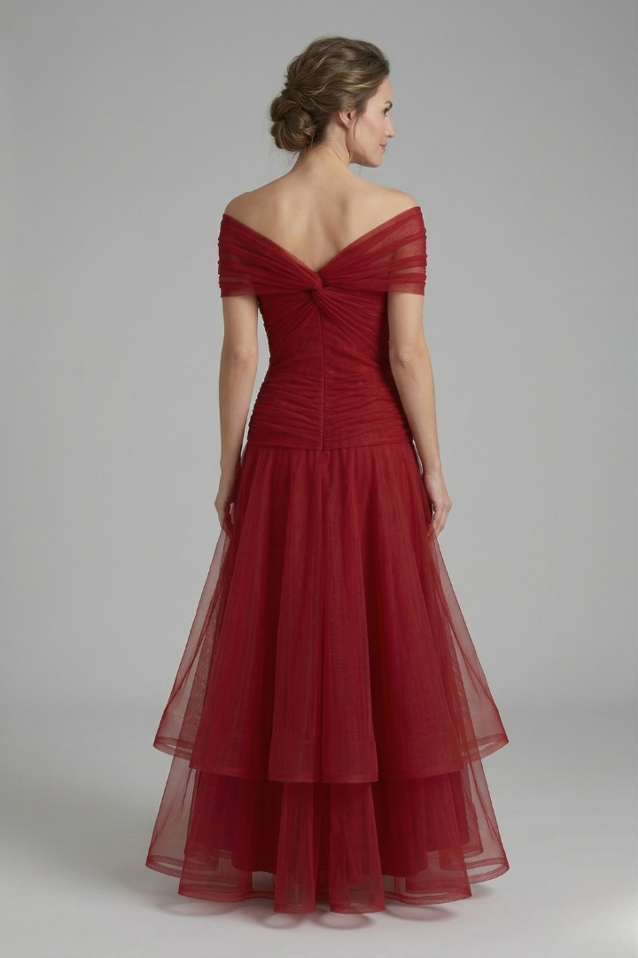 Women's Off-Shoulder Tulle Midi Dress – Formal Cocktail Dress with Ruched Waist for Events 4