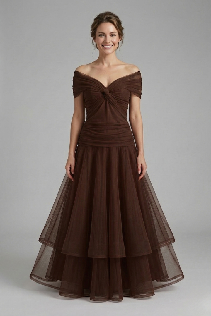 Women's Off-Shoulder Tulle Midi Dress – Formal Cocktail Dress with Ruched Waist for Events 5