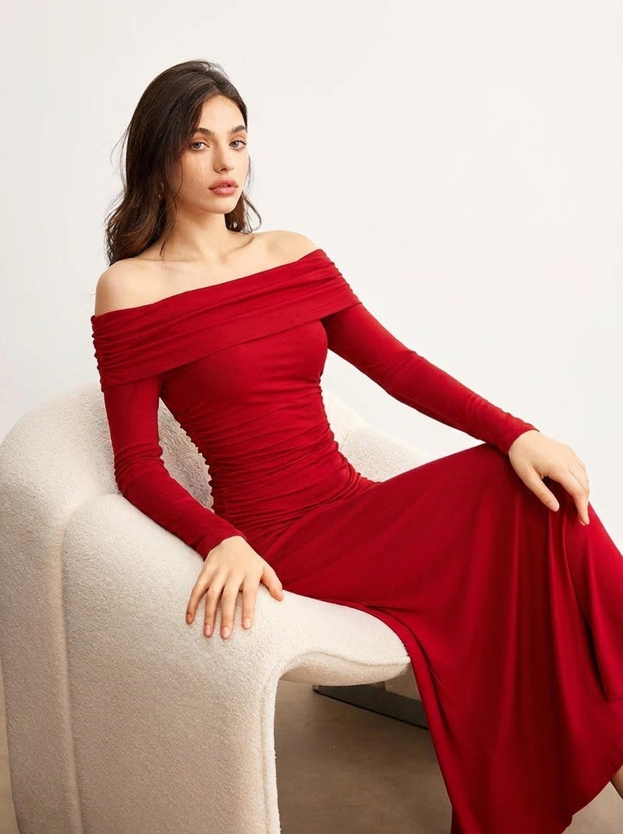 Women's Off Shoulder Maxi Dress – Formal Long Sleeve with Ruching for Special Occasions 1