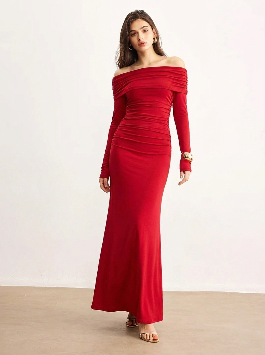 Women's Off Shoulder Maxi Dress – Formal Long Sleeve with Ruching for Special Occasions 2