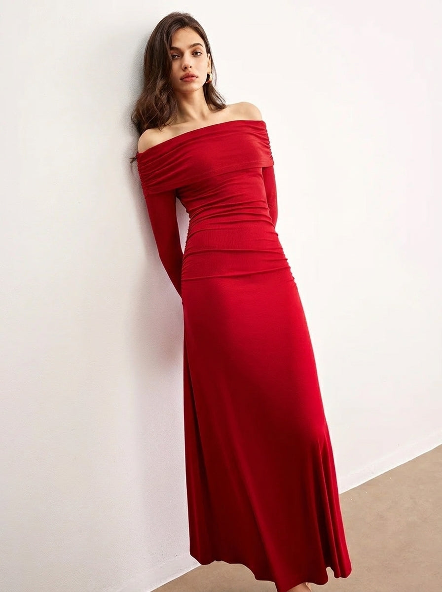 Women's Off Shoulder Maxi Dress – Formal Long Sleeve with Ruching for Special Occasions 5