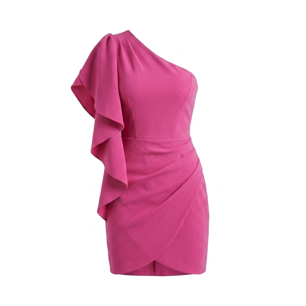 One Shoulder Cocktail Dress – Ruffle Sleeve with Ruched Wrap Mini Skirt