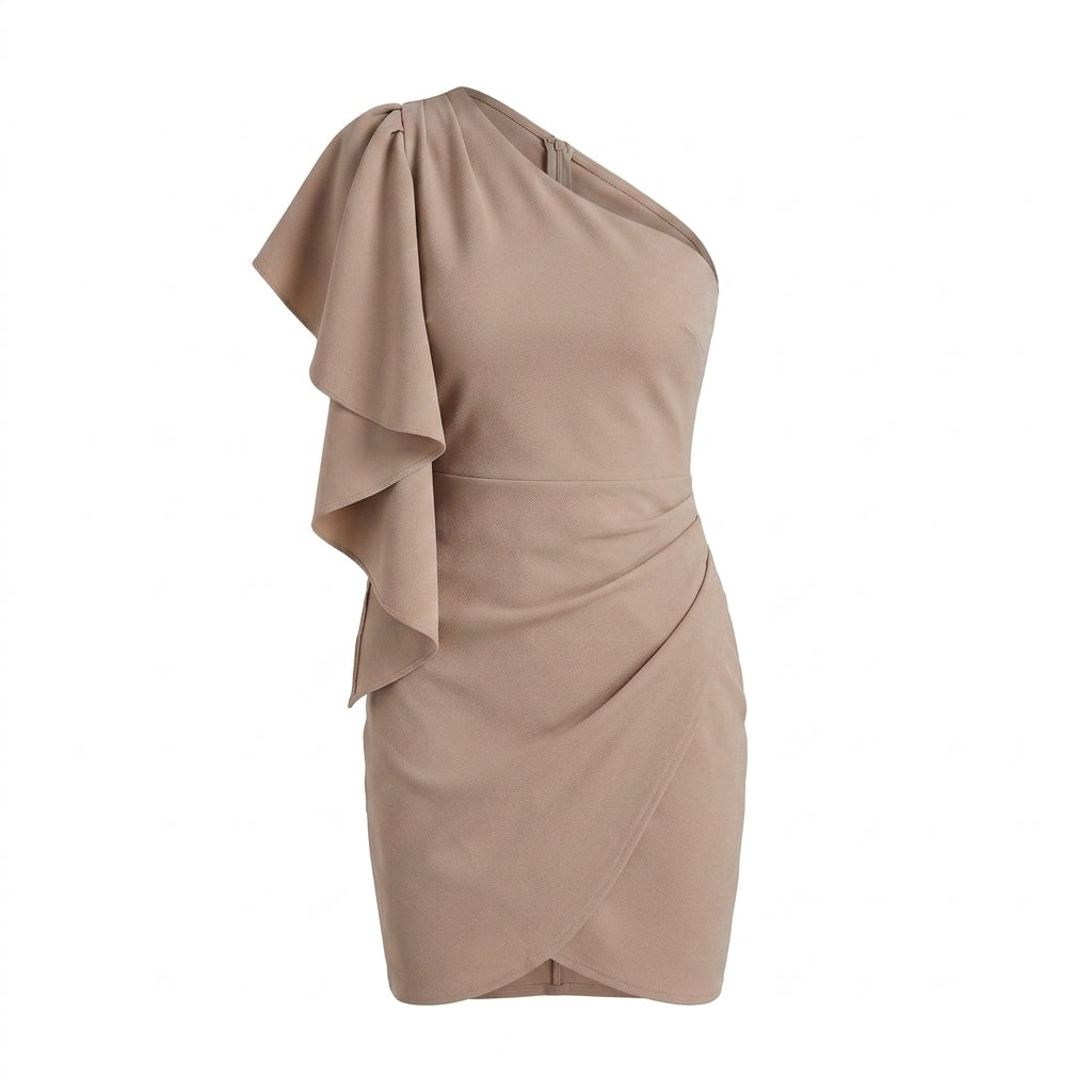One Shoulder Cocktail Dress – Ruffle Sleeve with Ruched Wrap Mini Skirt