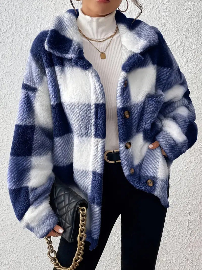 Women's Plaid Winter Jacket – Button Up with Folded Collar for Cold Weather 10