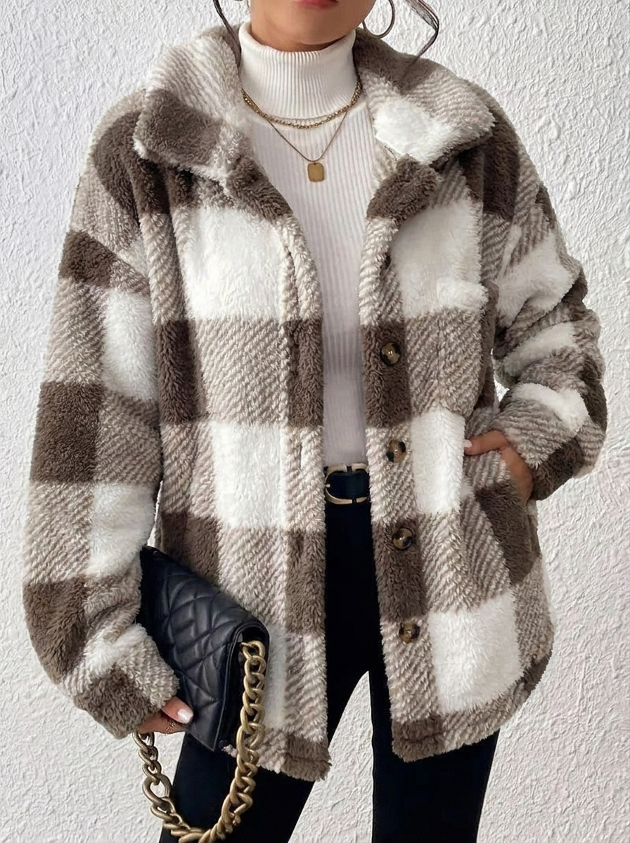 Women's Plaid Winter Jacket – Button Up with Folded Collar for Cold Weather 11