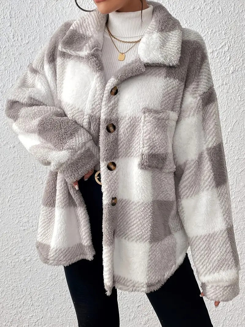 Women's Plaid Winter Jacket – Button Up with Folded Collar for Cold Weather 2