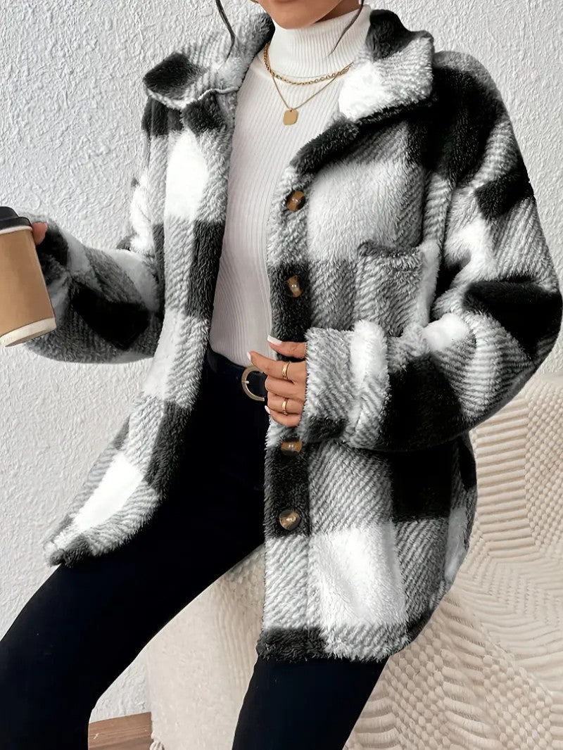 Women's Plaid Winter Jacket – Button Up with Folded Collar for Cold Weather 7