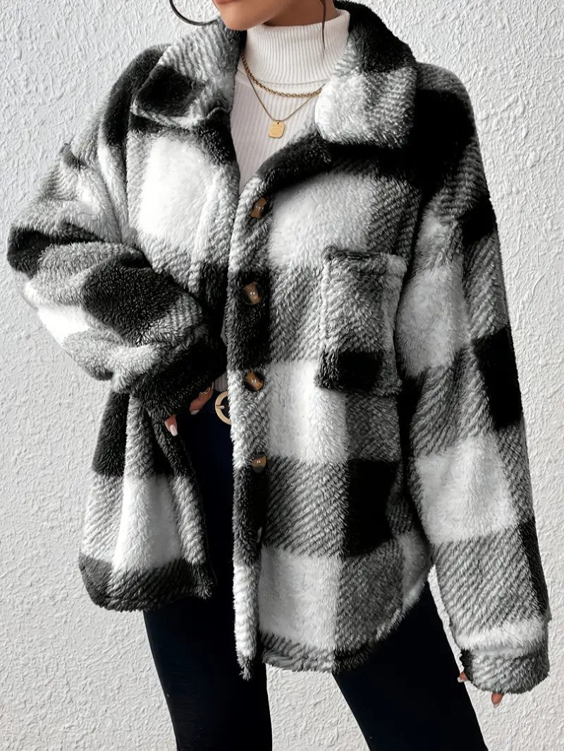 Women's Plaid Winter Jacket – Button Up with Folded Collar for Cold Weather 8