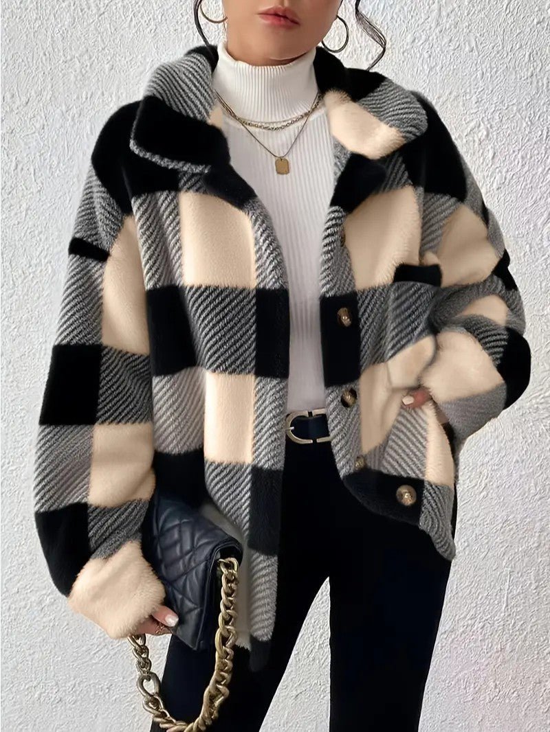Women's Plaid Winter Jacket – Button Up with Folded Collar for Cold Weather 9
