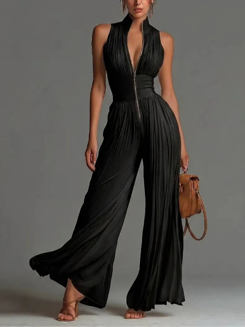 Women's Pleated Jumpsuit with Deep V-Neck – Wide Leg Design for Formal Events 5
