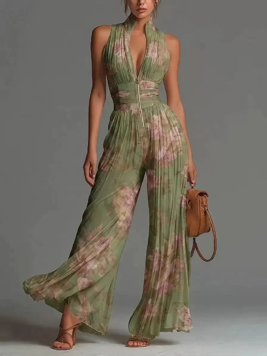 Women's Pleated Jumpsuit with Deep V-Neck – Wide Leg Design for Formal Events 6