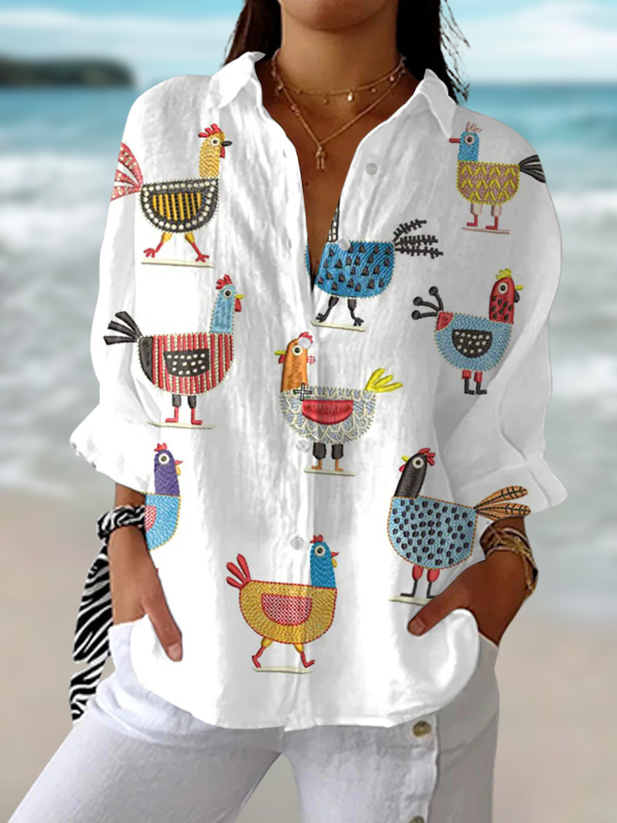 Women's Relaxed Fit Hen Print Blouse – Lightweight Summer Top for Casual Wear, Plus Size Available 0