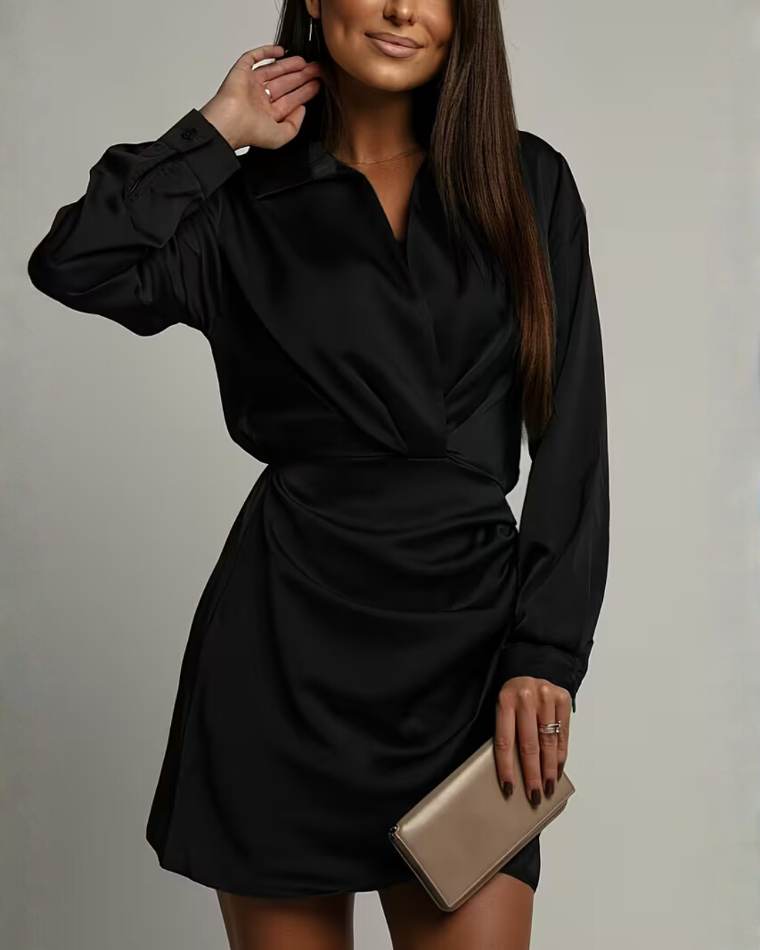 Women's Satin Wrap Mini Dress – Collared V-Neck, Gathered Waist for Office and Evening 8