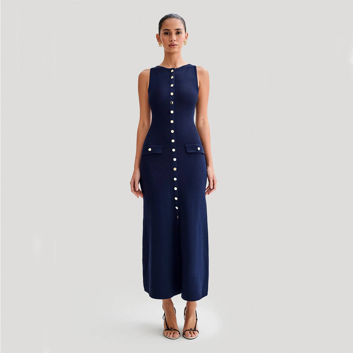 Women's Sleeveless Maxi Dress – Ribbed Knit with Button Front and Flap Pockets for Summer 0