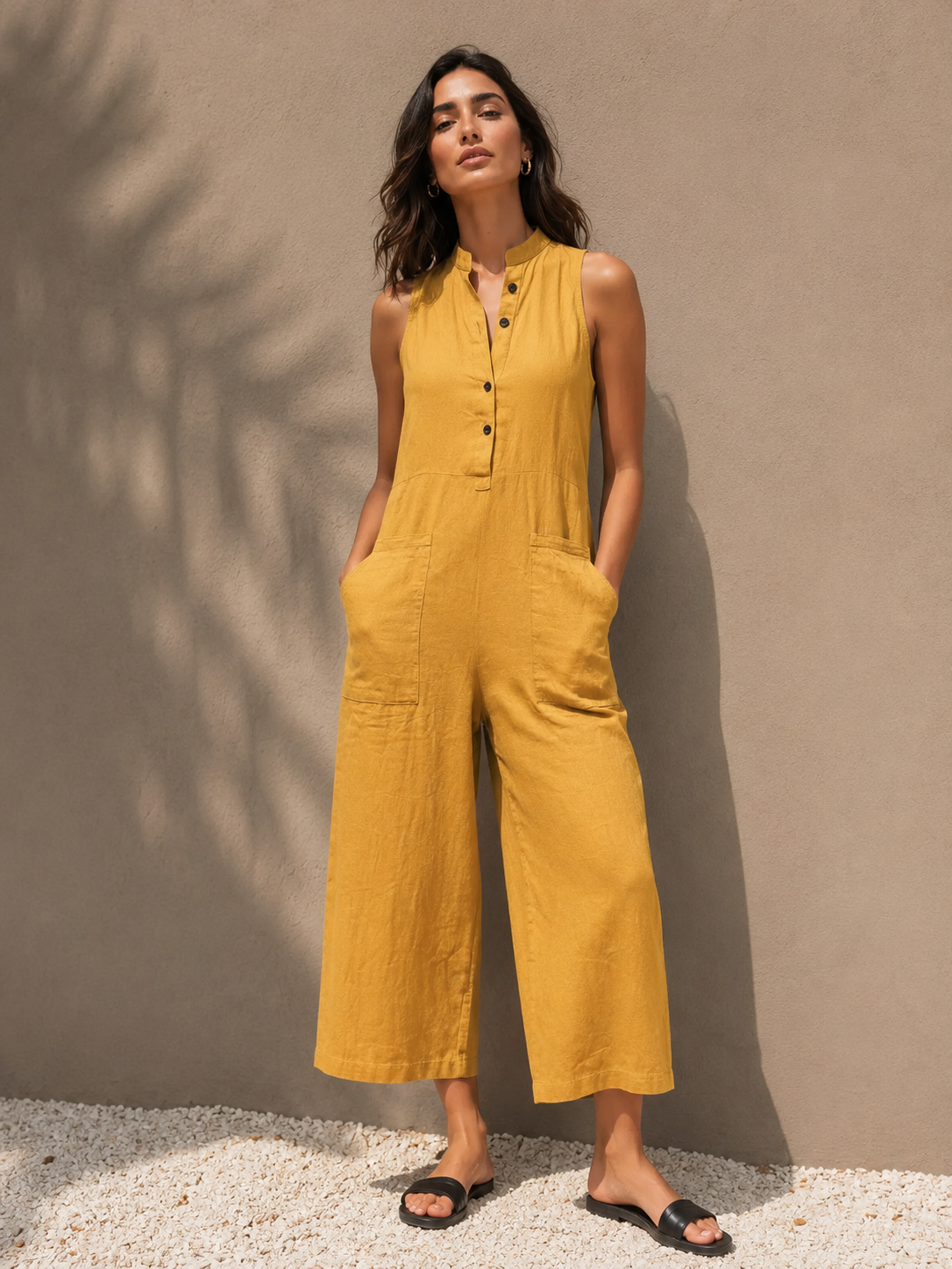 Women's Sleeveless Wide Leg Jumpsuit with Mandarin Collar and Pockets - Summer Casual Outfit 1